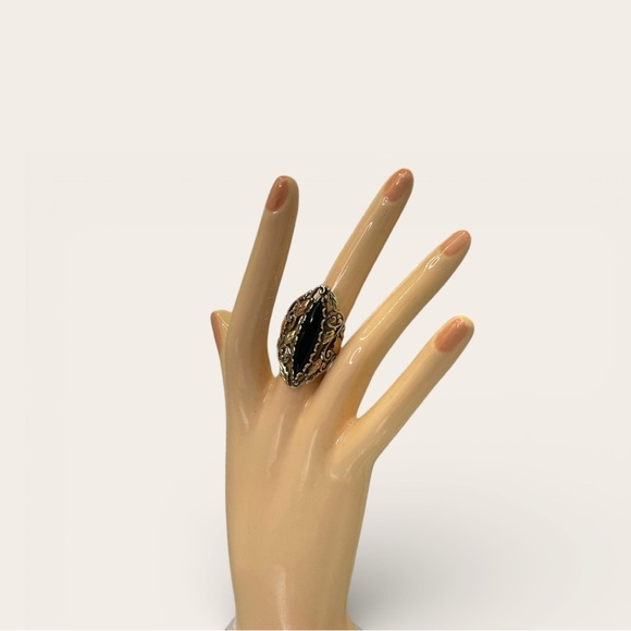 Vintage Black Hills Gold Style Sterling Silver Black Onyx Marquise Ring - Picture 5 of 8